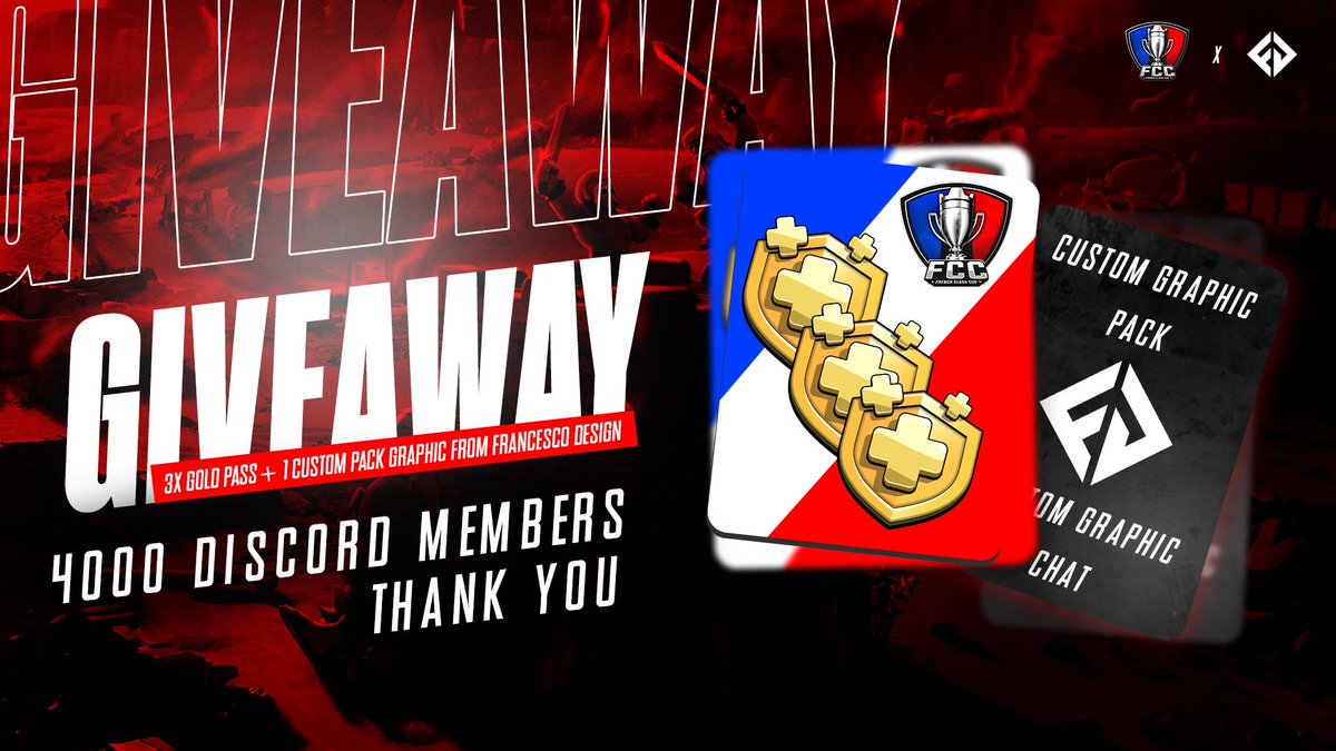 FrenchCup's tweet image. 🎉 GIVEAWAY 🎉

📣 We've passed 4.0 k members on our Discord server! 

To celebrate, we are giving away 3 Gold passes + 1 custom pack graphic to 3 lucky winners ! 🥳

How to enter?
1️⃣ Follow @FDesign97 &amp;amp; @FrenchCup
2️⃣ Like &amp;amp; Retweet 🔄❤️
3️⃣ Tag 2 Friends 👨🏼‍🤝‍👨🏾

Ends on 09/12 ⌛️