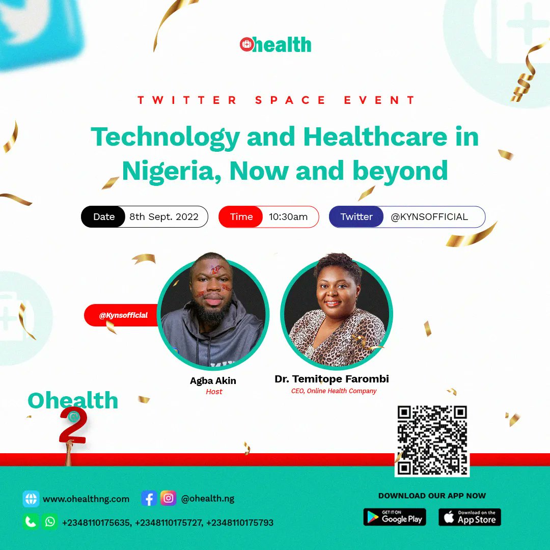Ohealthng's tweet photo. Join our CEO, Dr. Temitope Farombi alongside AGBA tomorrow on Twitter via - kynsofficial as they discuss the Impact of technology and healthcare in Nigeria.
You don't want to miss it, set a reminder now!
#telemedicine #Ohealth@2 #ohealth #nigeria https://t.co/a96IcNRT0S
