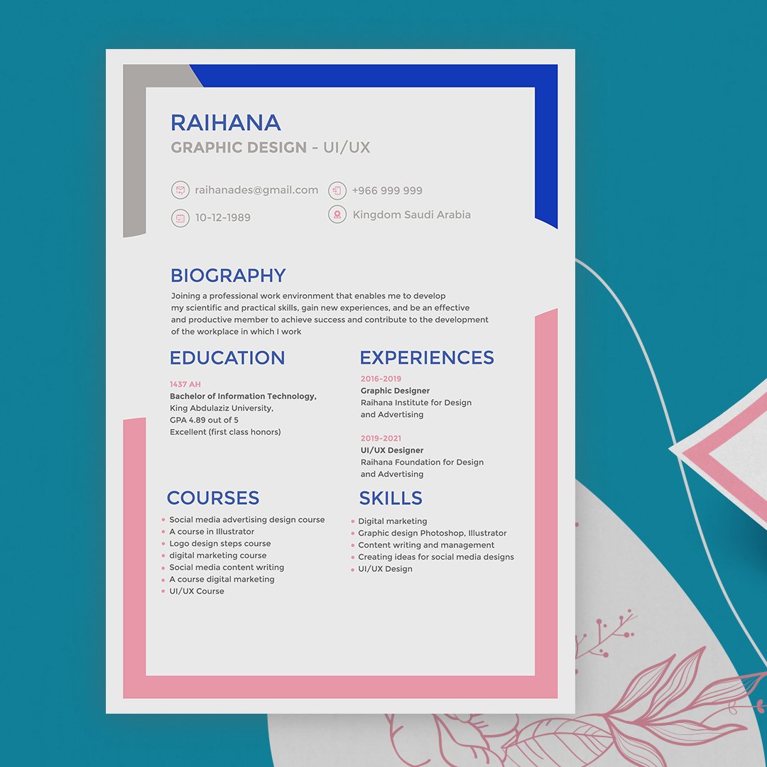 RaihanaDesigns's tweet image. احصل على سيرة ذاتية أنيقة ومناسبة لـِ مجال تخصصك الدراسي أو عملك ، وتزيد لك فرصة الحصول على وظيفة أحلامك 💡📄 👌🏻 .
📎 باللغة العربية
📎 باللغة الإنجليزية

للطلب دايركت 📩 .
WhatsApp 👇🏻✨
wa.me/message/KIZRHD…

#سيرة_ذاتية #اليوم_الوطني_٩٢ #تصميم
