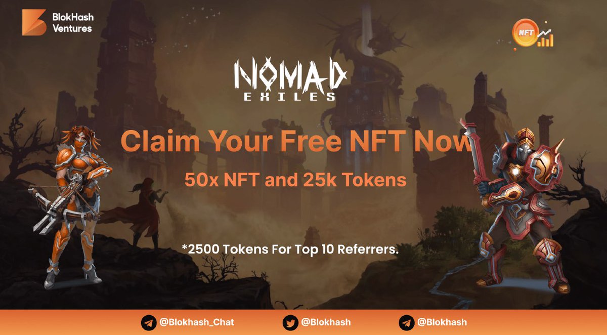 BlokHash's tweet photo. 🪐 Nomad Exiles Airdrop Is Live !! 

Come and Join this massive airdrop ! 

🍁 Tasks - 

• Like &amp; RT this tweet 
• Follow Gleam Tasks - https://t.co/pgiw6TCmdd

🤸Rewards : 

• 50 NFT worth 2000$
• 25k tokens for top 10 referrers.

#Airdrops #NFTGiveaway #Airdrop #FreeNFTs https://t.co/SUEczxGL8k