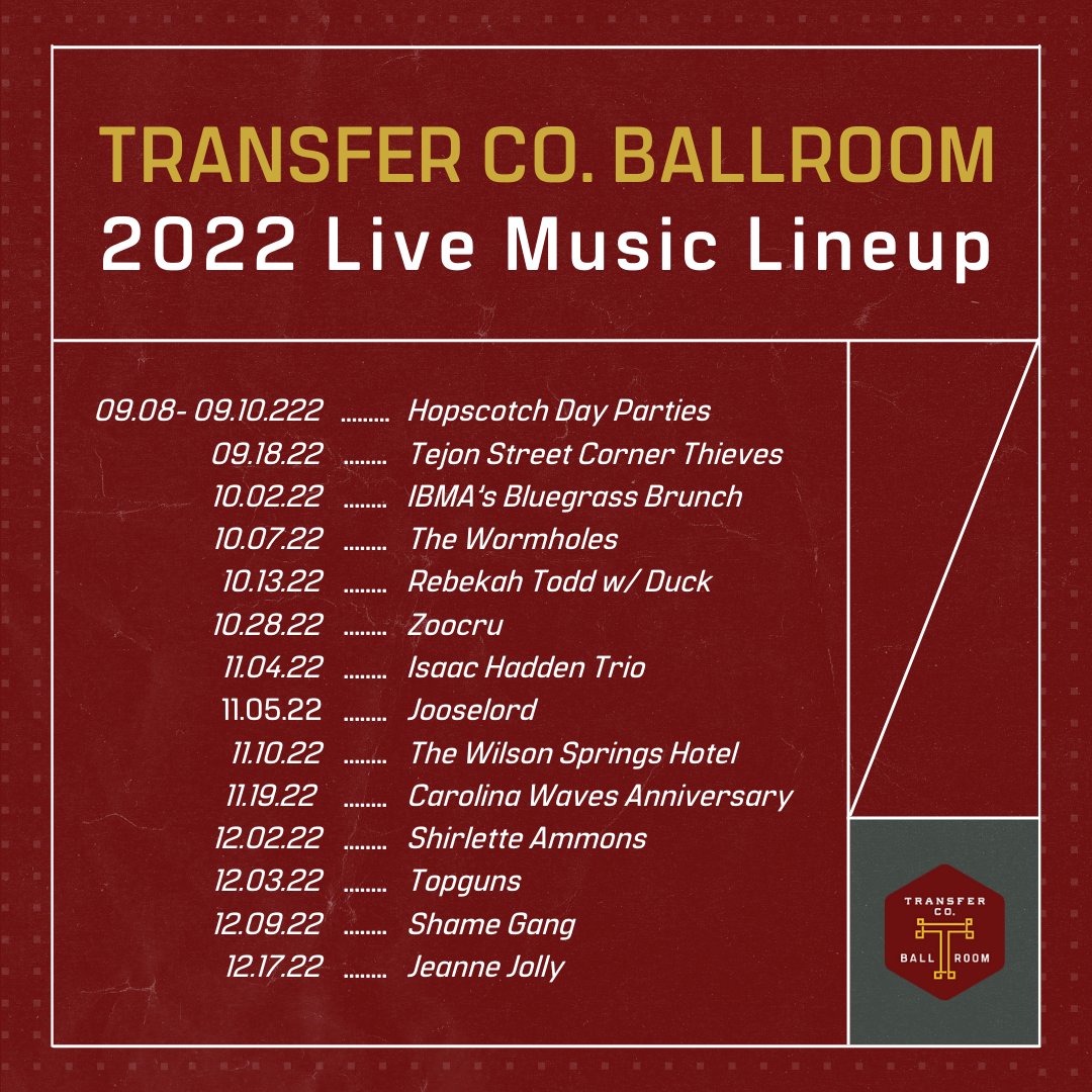 Transfer Co. Ballroom (@transfercovenue) on Twitter photo Exciting News ๐ข We're expanding our event lineup to serve as a leading destination for live performances in the Triangle!
Join us this weekend for three <a href="/hopscotchfest/">Hopscotch Music Fest</a> Day Parties + catch <a href="/corner_thieves/">Tejon Street Corner Thieves</a> on 9/18 for a free concert to launch into the fall music schedule ๐ต Exciting News ๐ข We're expanding our event lineup to serve as a leading destination for live performances in the Triangle!
Join us this weekend for three <a href="/hopscotchfest/">Hopscotch Music Fest</a> Day Parties + catch <a href="/corner_thieves/">Tejon Street Corner Thieves</a> on 9/18 for a free concert to launch into the fall music schedule ๐ต