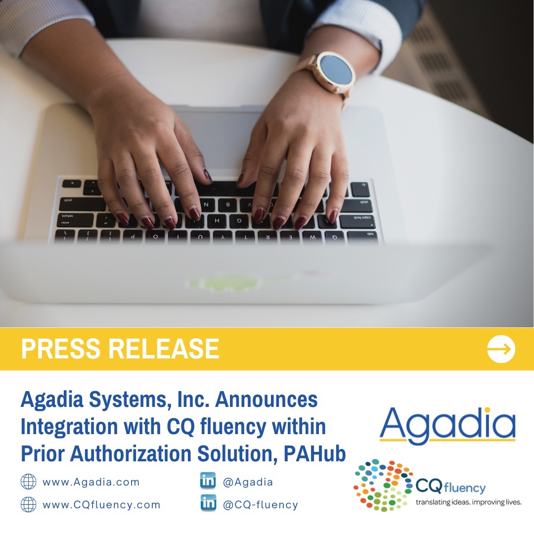 Press Release: Agadia Announces Integration with CQ fluency within Prior Authorization Solution, PAHub.

Click here to read the full press release: prnewswire.com/news-releases/… 

#priorauthorization #cqfluency #pahub #agadia #healthplans #pbms