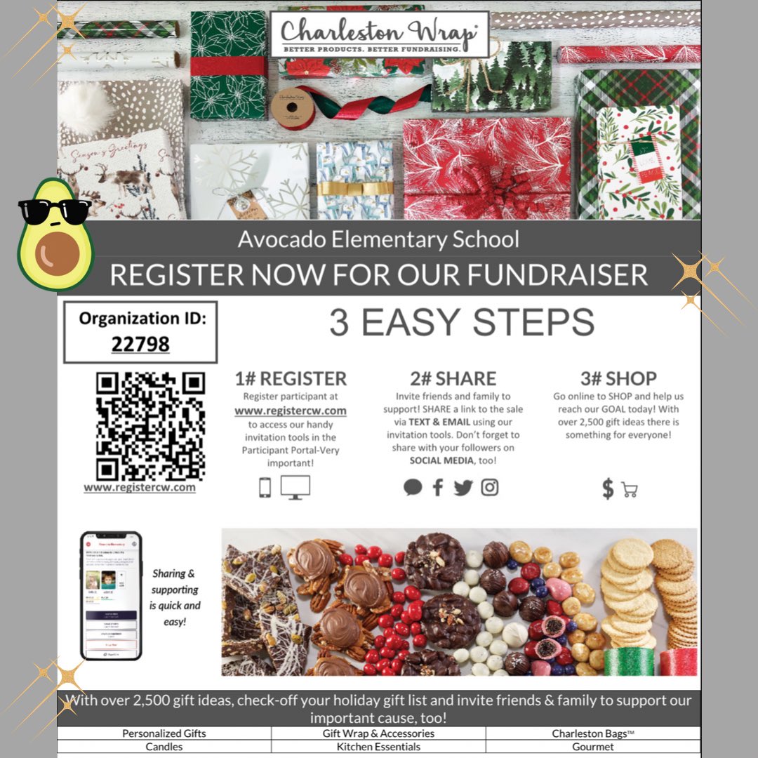 AvocadoPTA's tweet photo. 🎁 Our Charleston Wrap Fundraiser kicks off today and will run through Sept 28th. Get started by registering at https://t.co/mHf8OkVJ6D and enter our Organization ID#22798 today! It's super easy and goes a big way in helping us reach our goals! https://t.co/WSMtX2A2kG