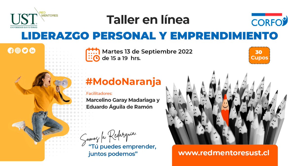 ust_red's tweet photo. En septiembre  nuestros  #emprendedores (as)  entran en #ModoNaranja, para entrenarse en  #Liderazgo creativo e #innovación, en dos talleres, a realizarse  el 13 y 15 de septiembre, y ni más ni menos que con Eduardo Águila de Ramón y Marcelino Garay Madariaga. https://t.co/4gd4HgXCzp