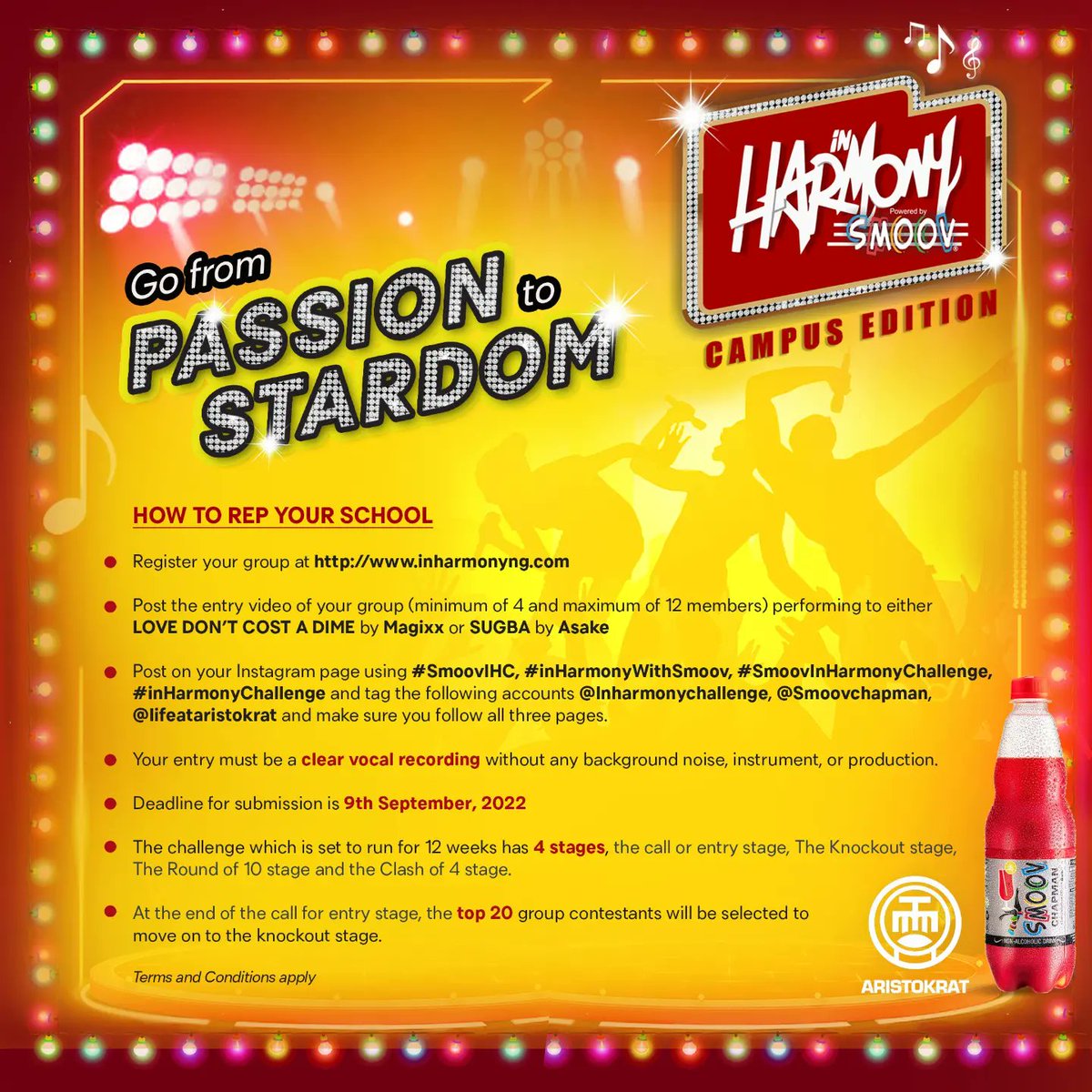 choralhub's tweet photo. Find your way to stardom in the @SmoovChapman_NG #InHarmonyChallenge. Click here 👉🏽 https://t.co/LpP13Fd4Lp to register your group and upload your video on IG tagging @SmoovChapman_NG @ihchallenge and @aristokrat360.
Registration closes 9th September 2022
More details on poster https://t.co/cC0YUs0bwc