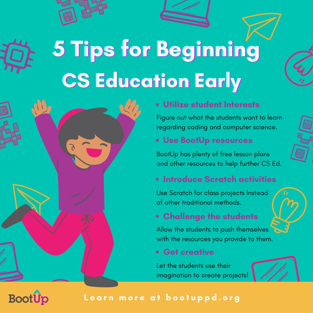 BootUpPD's tweet image. Here are a few tips for implementing CS education early in your classrooms! Introducing students to computer science is not only exciting, but it can be fun as well! 
#CSforAll #CSK8 #YoungCoders #CSTA #ComputerScience

Resources: 
ow.ly/VVVH50KCPCb
scratch.mit.edu