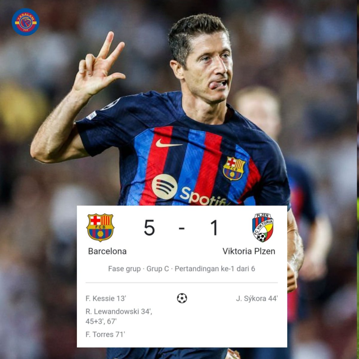 barcastuff_idn's tweet photo. FULL-TIME |

Barcelona 5-1 Viktoria Plzen

+3 point ✅
Hattrick Lewandowski ✅
Gol debut Kessie ✅
Gol Ferran ✅

Next vs Bayern di Matchday kedua.

Ada komentar?

#ForcaBarca https://t.co/wyAzJd2wKm