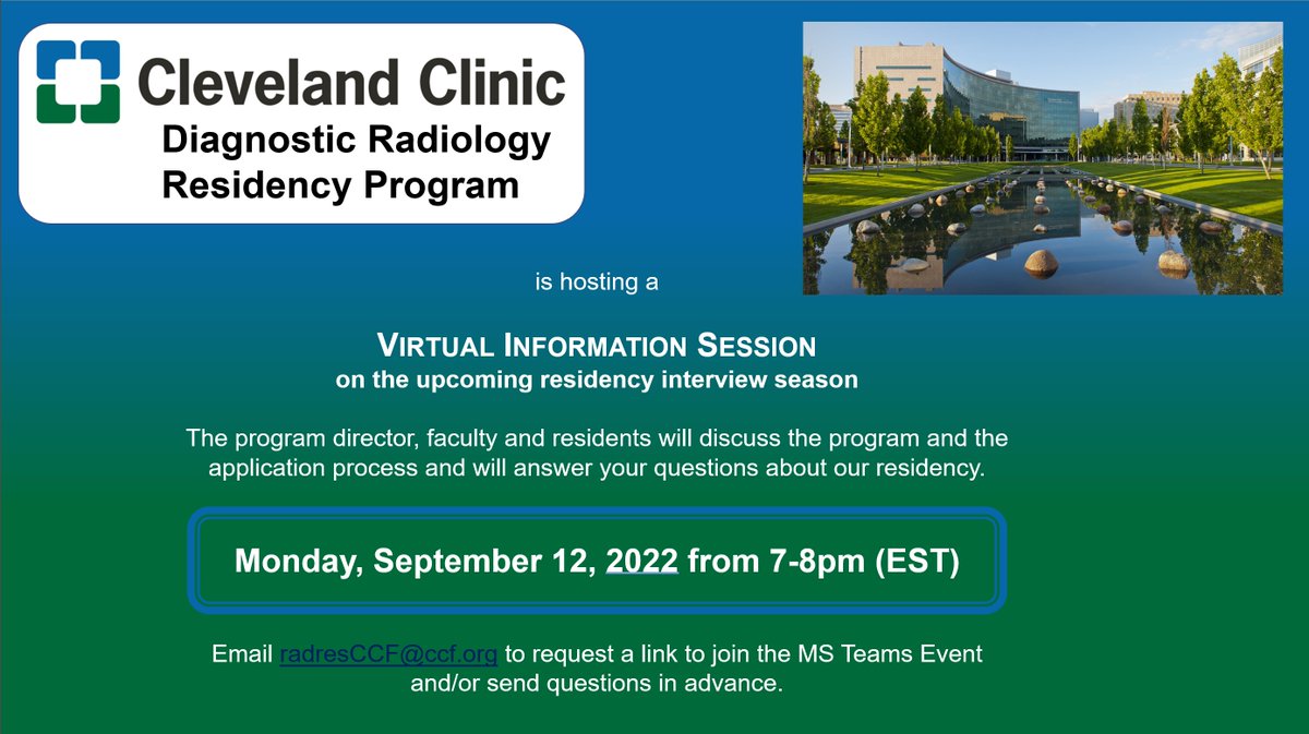 Dr Joe Veniero (@drjveniero) on Twitter photo Please join us this Monday for our first virtual information session of the year!
Email: radresCCF@ccf.org to sign up!
#futureradres #MedStudentTwitter #match2023 Please join us this Monday for our first virtual information session of the year!
Email: radresCCF@ccf.org to sign up!
#futureradres #MedStudentTwitter #match2023