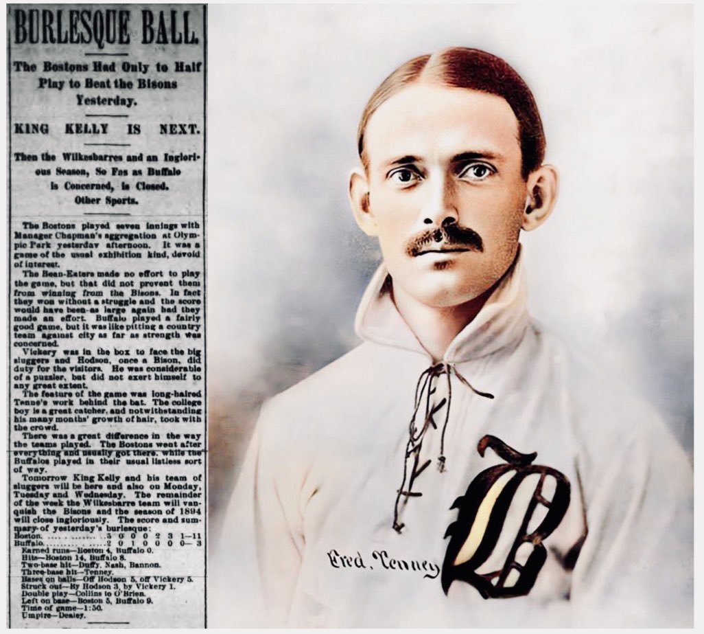 shollander2's tweet photo. #OTD in 1894, the Boston #Beaneaters (now Atlanta #Braves) with Fred Tenney, defeated the Buffalo #Bisons, 11-3, in an exhibition game in #Buffalo, NY. ⚾️🦬
“It was a game of the usual exhibition kind, devoid of interest.” 😂
➡️ https://t.co/rpX7mwkxM0 https://t.co/SD8oImrn9A