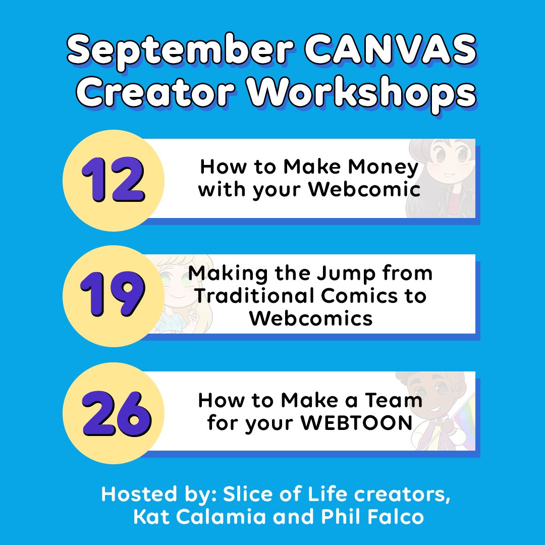 webtooncanvas's tweet photo. Mark your calendars #WEBTOONCANVAS creators! Join us for our upcoming creator workshops this month hosted by @ComicUno and @PhilFalcoWrites 🤗 https://t.co/eANRGJ24YK