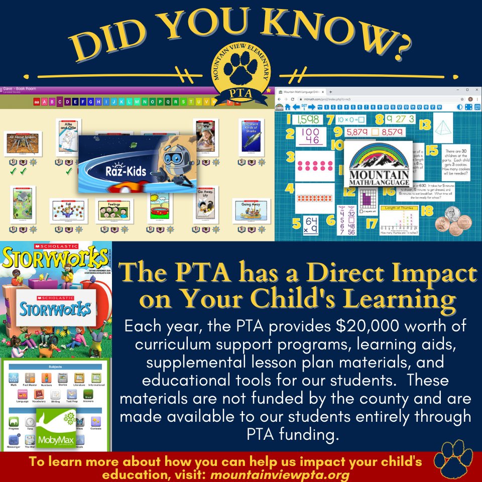 mvesPTA's tweet photo. Together we make a difference! To learn more about how you can help us impact your child's education, visit: https://t.co/aoPPii2qaf
#DidYouKnow #mvesPTA @MtnViewES https://t.co/ijKogsfGnc