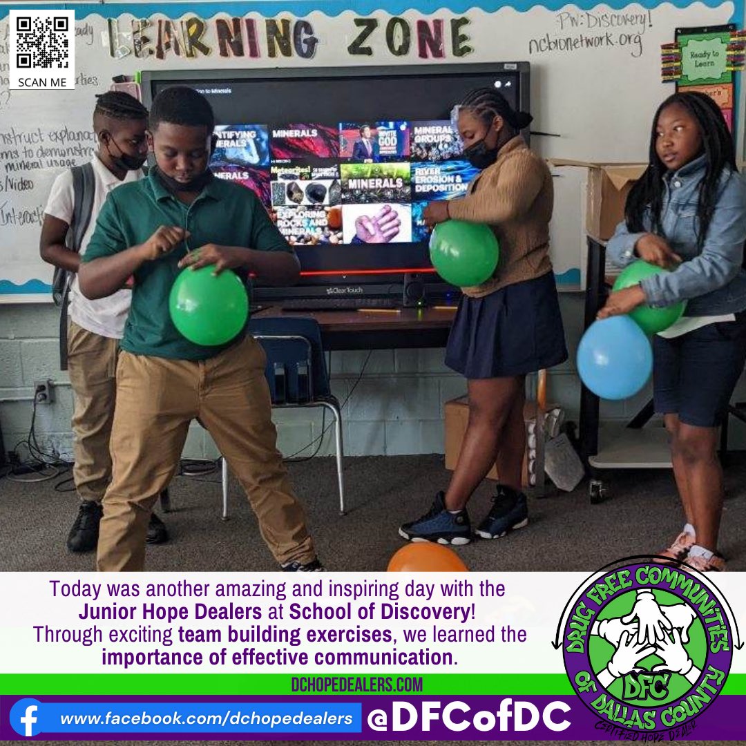 DFCofDC's tweet photo. Today was another amazing and inspiring day with the Jr. Hope Dealers @SchoolDiscovery 💜💚💜💚
Through exciting #teambuildingexercises, we learned the importance of listening and #effectivecommunication. #TodayWasAGoodDay #DrugFreeCommunities #DrugFreeLikeMe @DrugFreeAmerica https://t.co/BBarTjskCY