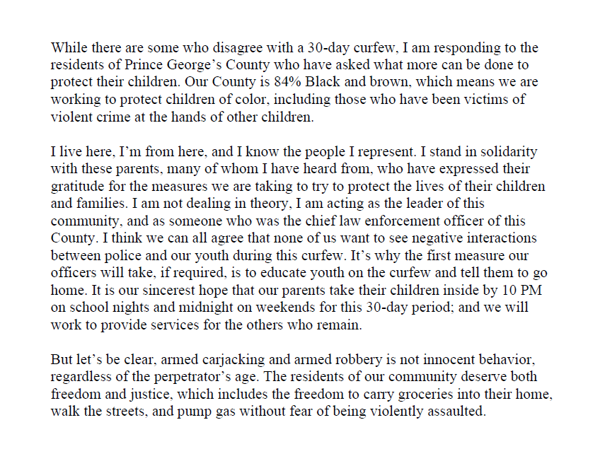 CEXAlsobrooks's tweet image. While there are some who disagree with a 30-day curfew, I am responding to the residents of Prince George’s County who have asked what more can be done to protect their children.