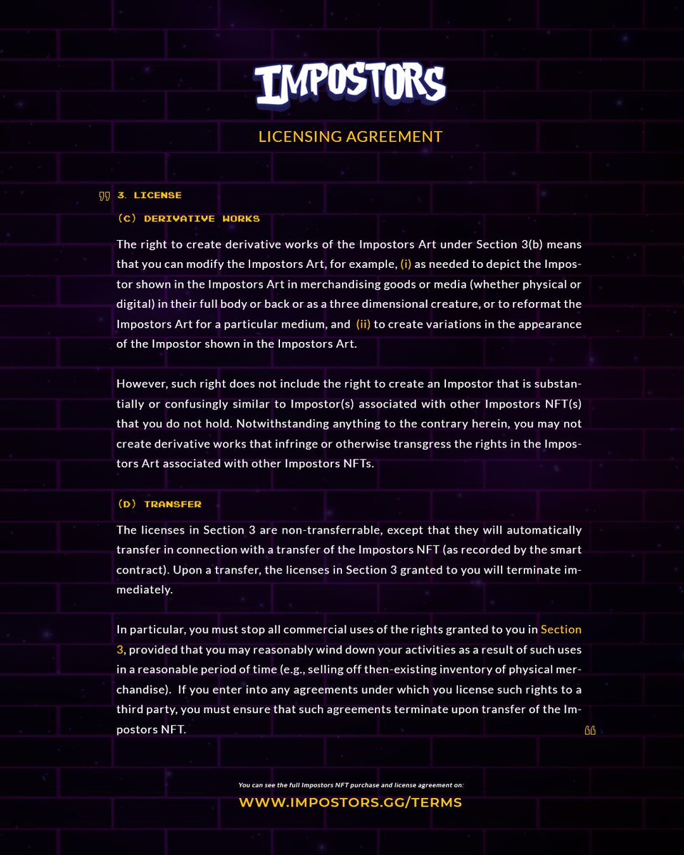 PlayImpostors's tweet photo. SusFam!

IP in the Web3 space has been an important discussion since the emergence of NFTs.
We want holders to have as much creative freedom as possible to explore/use their IP rights. 

For this reason, we want clarify our stance on the subject!
📌 https://t.co/wn6TAR8b6c

 🧵👇 https://t.co/pAuxUEpe6u