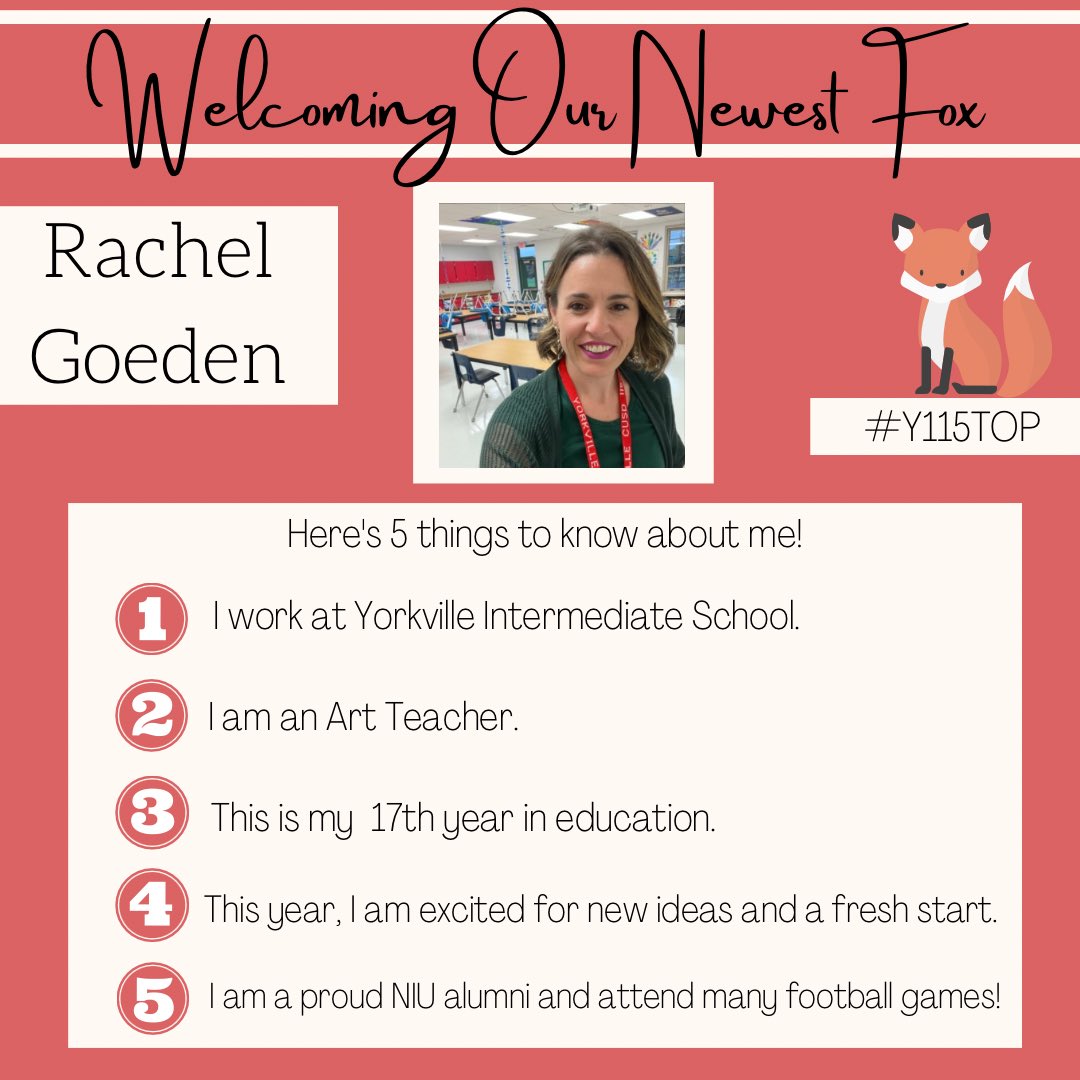 Y115TOP's tweet photo. Stop by @115yis and you’ll catch this new fox inspiring young artists.🎨🖌 Welcome to @Yorkville115, Rachel Goeden! 🎉🦊 #Y115TOP https://t.co/PDuCjkwhHq