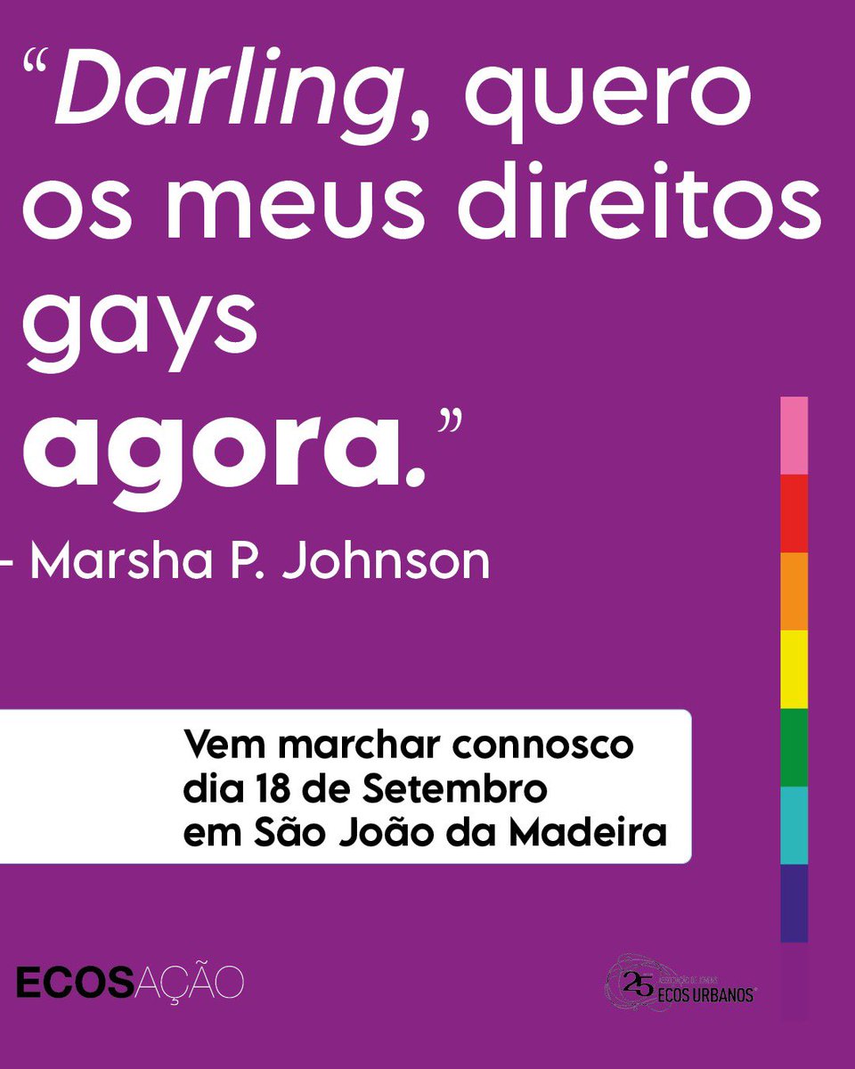 EcosAcao's tweet photo. O apelo de Marsha P. Johnson ainda se mantém relevante na atualidade. Já um longo caminho foi percorrido e os avanços devemos a ativistas como ela. Contudo, a luta não está concluída, ainda há muito por alcançar e por isso marchamos.
Os Direitos Humanos celebram-se todos os dias! https://t.co/buz9Ajey7f