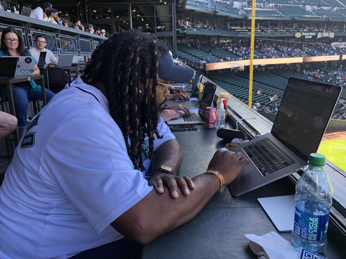 johnhcook's tweet photo. A great day to Work from the Ballpark with the @Mariners. About 150 GeekWire faithful have taken over the Hit It Here Cafe! https://t.co/pb7YdYkJDs