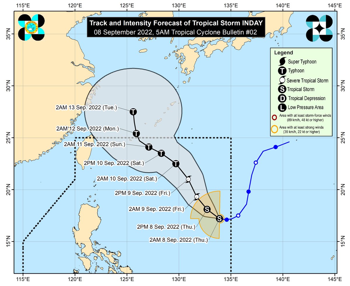 dost_pagasa's tweet photo. TROPICAL CYCLONE BULLETIN NO. 2
Tropical Storm “#IndayPH”
Issued at 5AM, 08Sept.2022
Valid until the next bulletin at 11:00 AM today

TROPICAL STORM "INDAY" MAINTAINS ITS STRENGTH WHILE MOVING WESTWARD OVER THE PHILIPPINE SEA

DOST-PAGASA
Link: https://t.co/Fm9hmnj963 https://t.co/7NNdTzr6Jx