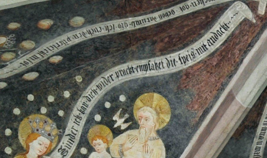 SrCathyRA's tweet photo. Very much hoping that, with a little help from those who see this, twitter will do its magic! 
This is part of an image from a church in #Tyrol &amp; I have no idea what the words say... Perhaps its in #Ladin, #Cimbrian or #Mócheno or #OldGerman? 
Any help very much appreciated 🙂 https://t.co/n6k3ZJejaP