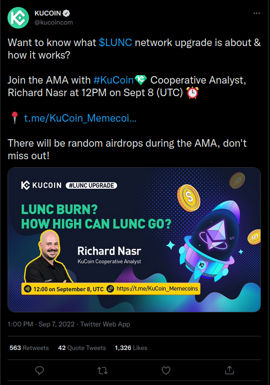 UstcWhale's tweet photo. #KuCoin educates users about #TerraClassic network upgrade! Listen to their Analyst, join KuCoin's AMA on September 8, 12PM (UTC)
@kucoincom should set 1.2% fees/trades on #LUNC, #USTC pairs &amp; burn it! Like &amp; Retweet if you agree!
#LunaClassicCommunity
$USTC #UST
$LUNC #luncburn https://t.co/jo9bZFnksz