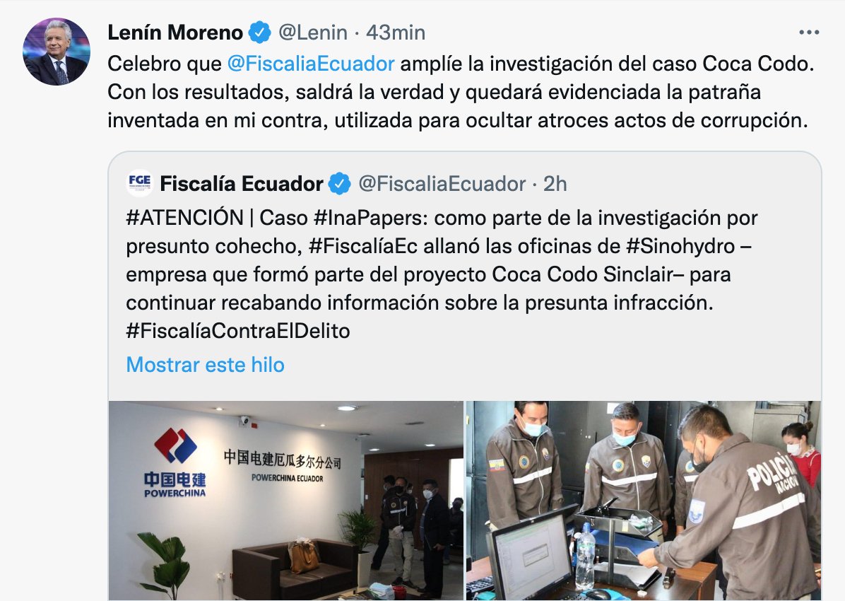 ecuainm_oficial's tweet photo. ‼#URGENTE 
El expresidente @Lenin "celebró" el allanamiento realizado hoy por @FiscaliaEcuador a la empresa #SynoHydro, como parte de la investigación del caso #InaPapers. "Con los resultados saldrá a la luz y quedará en evidencia la patraña inventada en mi contra", aseguró. https://t.co/3Oo24uYnz4