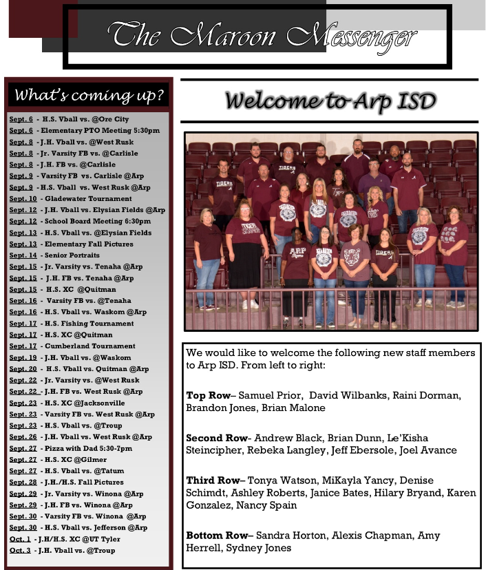 ArpISD's tweet photo. The August issue of our fully student produced Arp ISD newsletter "The Maroon Messenger" is now available at https://t.co/TKf426gy0p for your reading &amp; viewing pleasure.
Please enjoy the hard work of our Arp H.S. students under the direction of CTE Tech teacher Rhonda Pawlik. https://t.co/9Lph4UWiNI