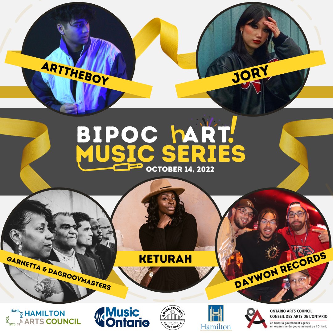 HamArtsCouncil's tweet photo. Thrilled to announce the artist line-up for the 3rd BIPOC hArt Music Series:
🔴 arttheboy @arttheboy 
🟢 DayWon Records 
🟡 Garnetta &amp; DaGroovmasters @GarnettaCromwe2
🔵 Keturah, &amp; 
🟠Jory @joryzechner 

October 14 @bridgeworksca #HamOnt https://t.co/1Q6qaj4cwp https://t.co/9ZHOscaQJG
