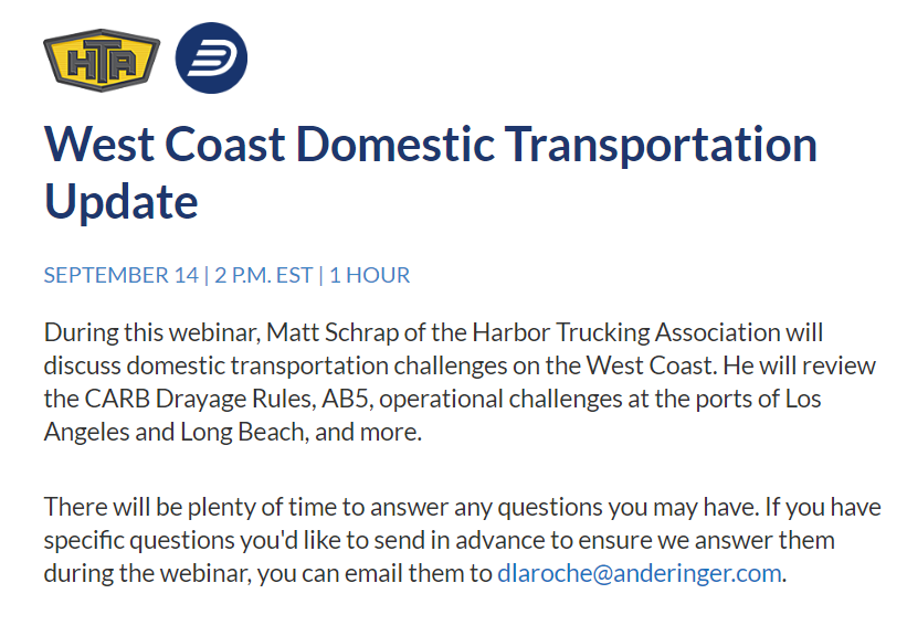 harbortruckers's tweet photo. On Wednesday, September 14th, our CEO @mattschrap will participate in a webinar on West Coast Domestic Transportation challenges, including AB5, hosted by A.N. Deringer, Inc. at 11 AM PT.
Register Here: https://t.co/5dA0YCdcK3
#harbortruckers #htastrong #stayinformedwiththehta https://t.co/hRKgpabfue