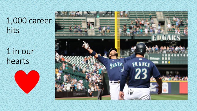 PowerPoint slide with a photo of Eugenio Suárez celebrating his home run (and 1,000th hit) that reads 