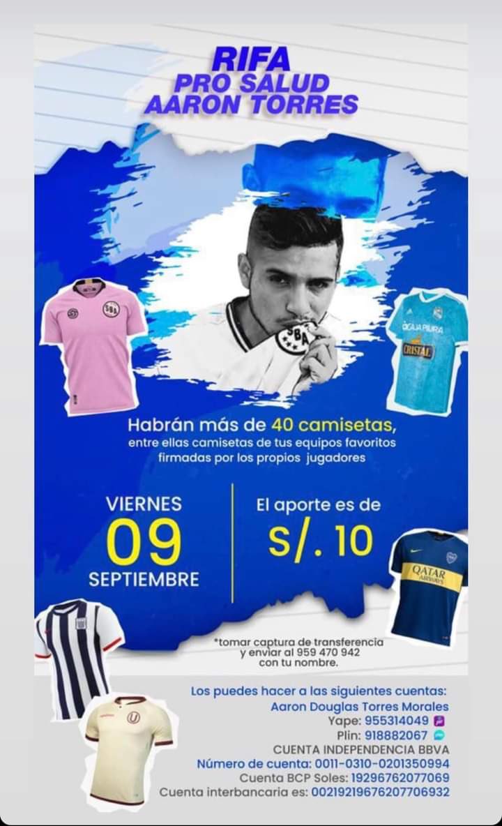 Modocrema's tweet photo. ¡APOYEMOS!
Arón Torres, ex jugador de la reserva de @Universitario, viene pasando por un momento de delicado de salud, por ese motivo se van a sortear más de 40 camisetas.El sorteo se realizará el 9 de septiembre.Cualquier información comunicarse con @albarracinpaulo o @aront579. https://t.co/iluS6kgGZ8
