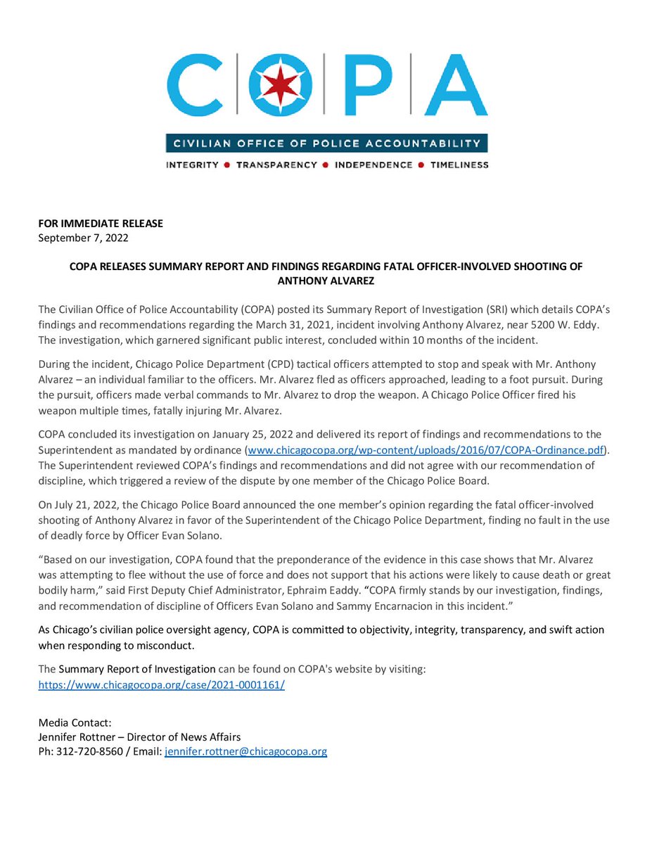 ChicagoCOPA's tweet image. COPA Releases Summary Report and Findings Regarding Fatal Officer-Involved Shooting of Anthony Alvarez chicagocopa.org/case/2021-0001…