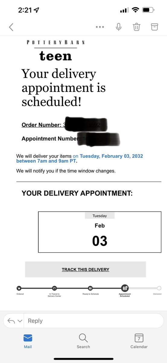 cheribarnum's tweet photo. @potterybarnteen 
Good to know that you’re going to deliver my order Feb 3, 2032- ten years from now. I planned to furnish my whole house with pottery barn, but this may be my last order. What a nightmare. https://t.co/D6EmjJ5RBD