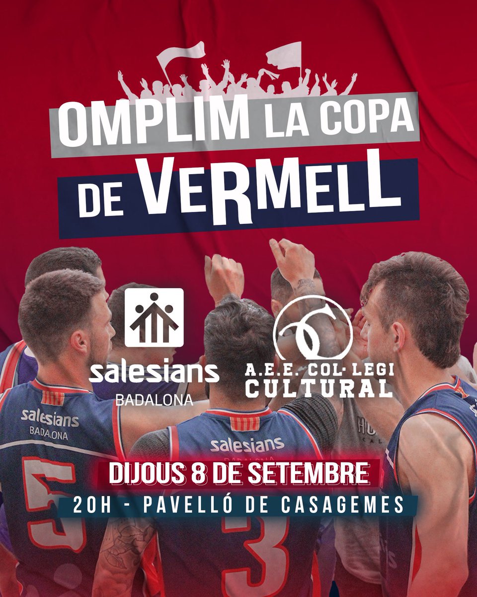 salesiansBDNext's tweet photo. I després de molts anys... TORNEM a jugar la Copa Badalona 🏀😍!! 

📅 Dijous 8 de setembre
⏰ 20:00h 
📍Pavelló de Casagemes - Albert Esteve
🔴 TOTHOM SAMARRETA VERMELLA

Vine amb els teus amics, amb el teu equip, la família... segur que ens ho passarem genial! 🤍❤️💙 https://t.co/cUcrbyNt9A
