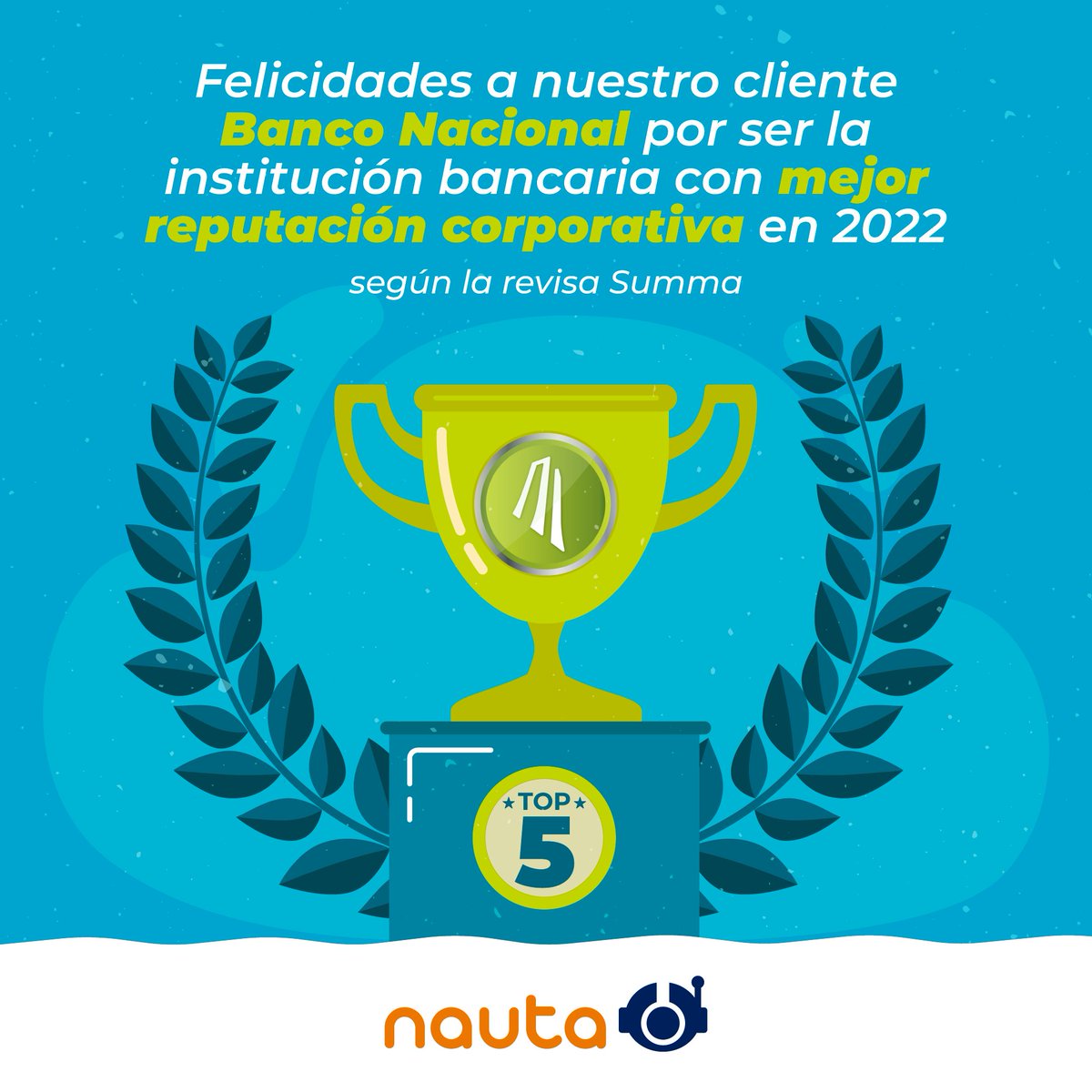 Felicitamos a <a href="/BancoNacionalcr/">Banco Nacional</a> al posicionarse en los primeros 5 del ranking de Reputación Corporativa en Costa Rica de Revista Summa. Un reconocimiento que respalda el compromiso para ser un banco más humano, cercano y sostenible. ¡Un honor acompañarles en el camino! #TeamNauta