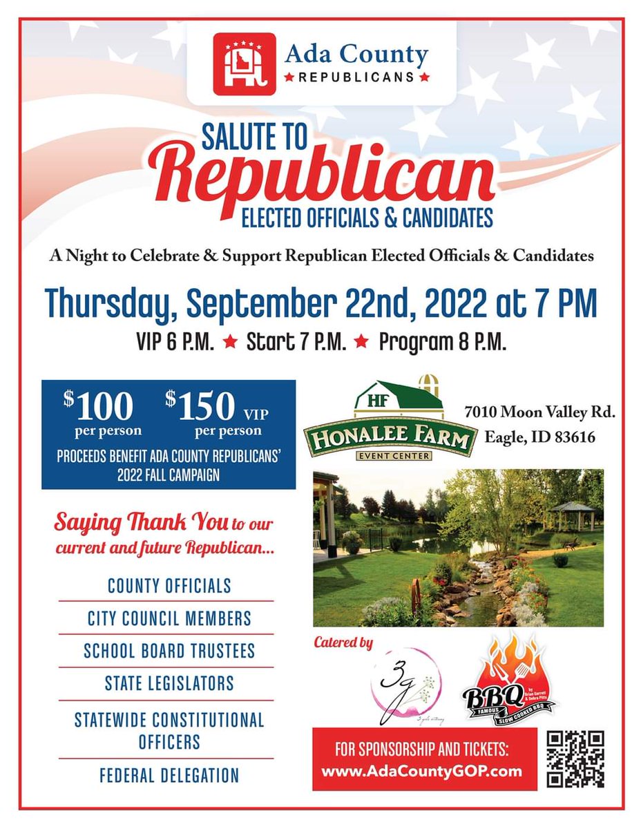 ADAGOPCC's tweet photo. REPUBLICANS! JOIN DOZENS OF CANDIDATES AND ELECTED OFFICIALS AND LOTS OF PARTY FRIENDS AT OUR "SALUTE TO REPUBLICAN ELECTED OFFICIALS AND CANDIDATES"!
Idaho and Ada Republicans,
#idpol #keepadared https://t.co/tJb0BxpECs