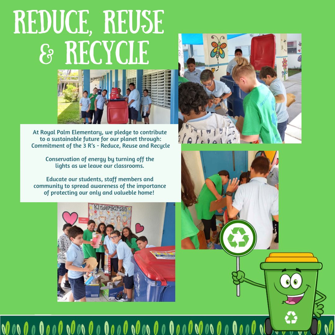 RoyalPalmElem's tweet photo. Today our Eco-Action Team kicked off Recycling ♻️ Last year we recycled one ton of paper and cardboard. We are setting our goal higher this year! So proud to partner with @ESUSASouthFL and @Dream_in_Green in order to maximize our efforts! Take a look at our green pledge this year https://t.co/Way9d949Hn