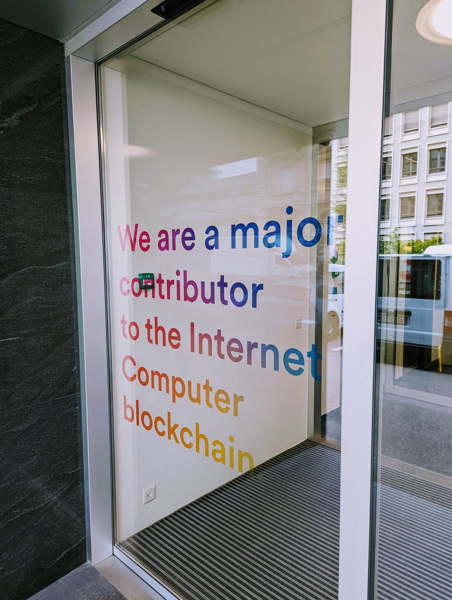 dominic_w's tweet photo. The Dfinity Foundation's Zürich office door is now printed with our mission statement:

"We are a major contributor to the Internet Computer blockchain"🔥

This text should also save people from walking into the glass :) https://t.co/ie9xJ8xb9S