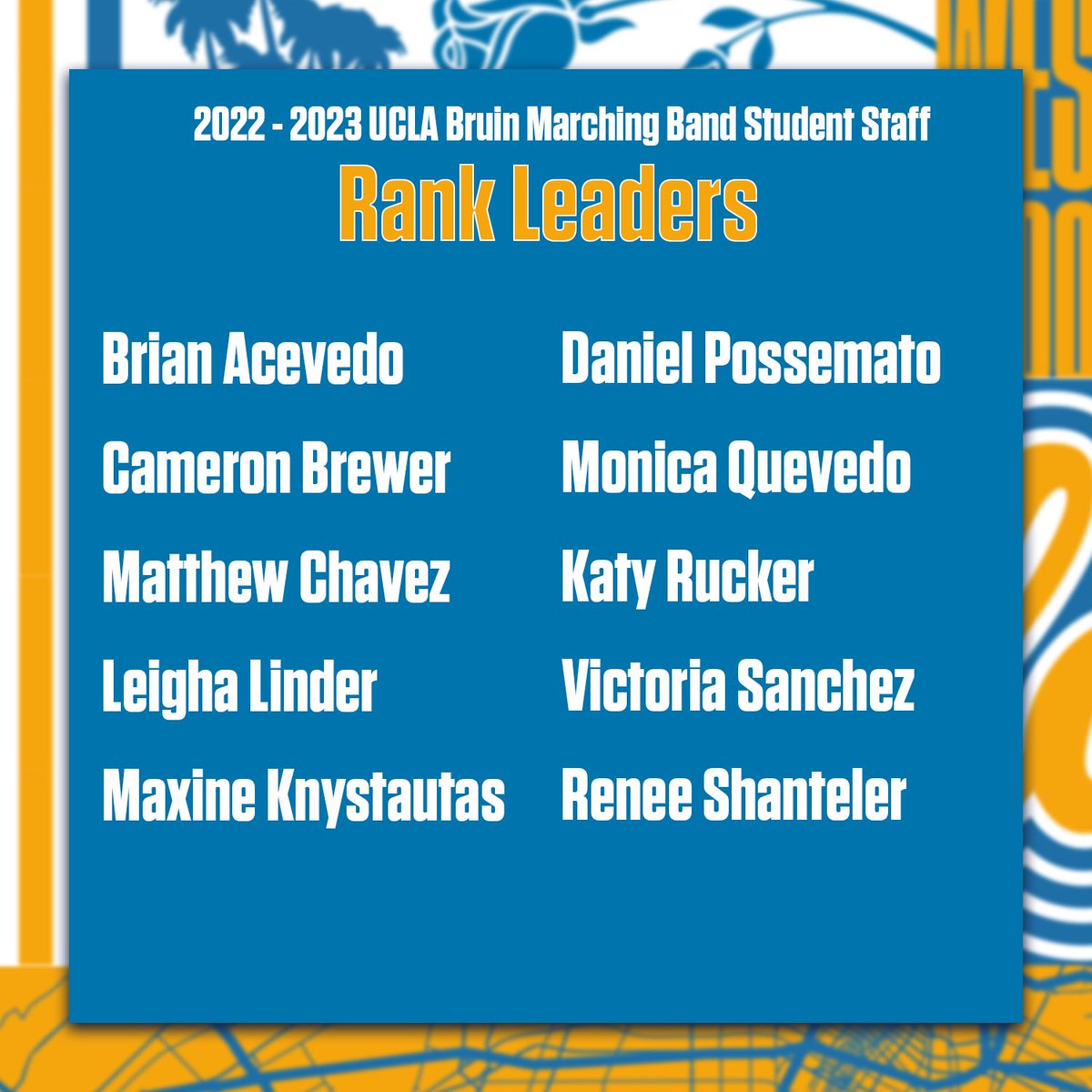 UCLABand's tweet photo. With band camp just a few days away, let’s introduce our student staff!
#GoBruins | #SolidGoldSound 💙💛 https://t.co/fq0wL4NYAX