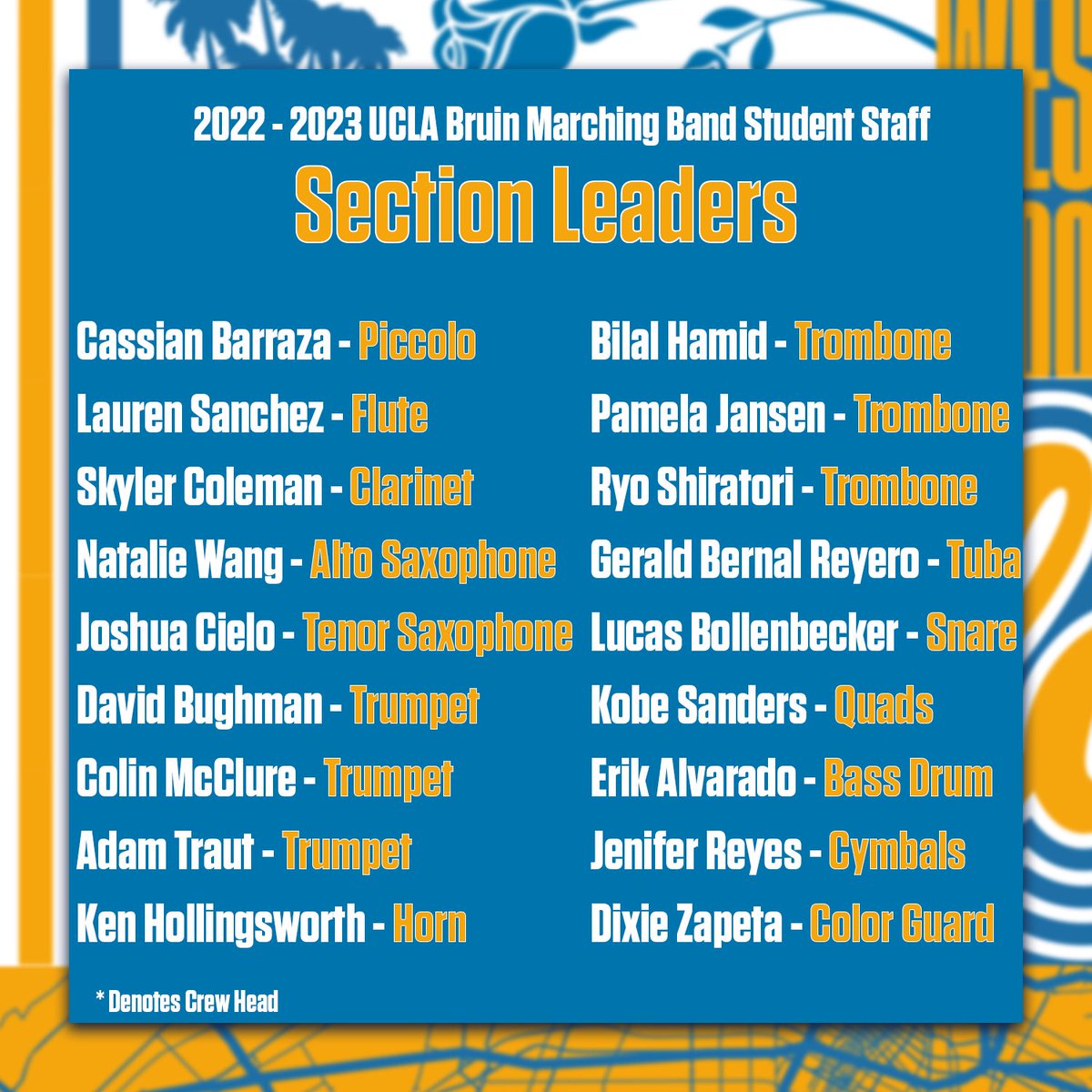 UCLABand's tweet photo. With band camp just a few days away, let’s introduce our student staff!
#GoBruins | #SolidGoldSound 💙💛 https://t.co/fq0wL4NYAX