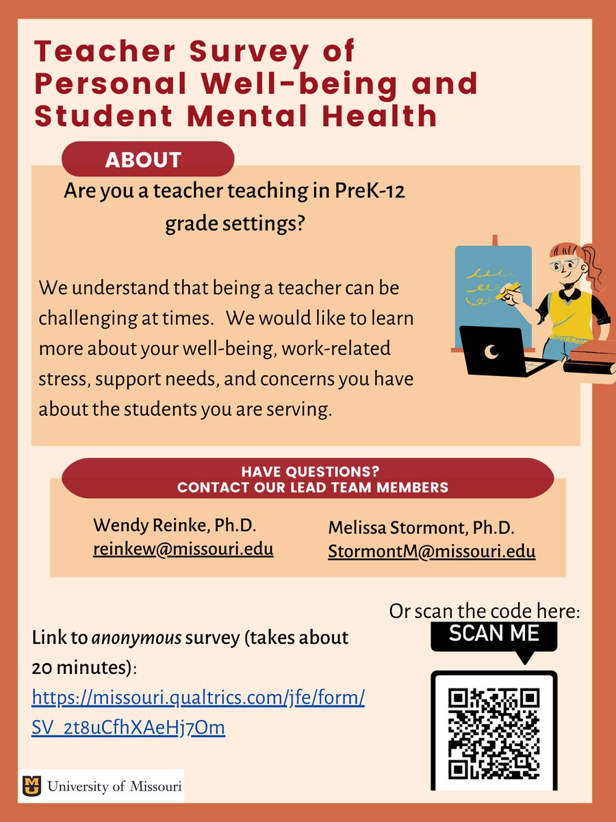 Missouri Prevention Science Institute (@mopreventionsci) on Twitter photo Are you a Pre K-12 teacher? Drs Reinke & Stormont STILL need your help identifying ways to better support you & your students. This is a follow up to research conducted 10 years ago. PLEASE complete this survey: missouri.qualtrics.com/jfe/form/SV_2t…
<a href="/SpedMizzou/">Mizzou Sped</a> <a href="/EscpMizzou/">ESCP Mizzou</a> SHARE WIDELY! Are you a Pre K-12 teacher? Drs Reinke & Stormont STILL need your help identifying ways to better support you & your students. This is a follow up to research conducted 10 years ago. PLEASE complete this survey: missouri.qualtrics.com/jfe/form/SV_2t…
<a href="/SpedMizzou/">Mizzou Sped</a> <a href="/EscpMizzou/">ESCP Mizzou</a> SHARE WIDELY!
