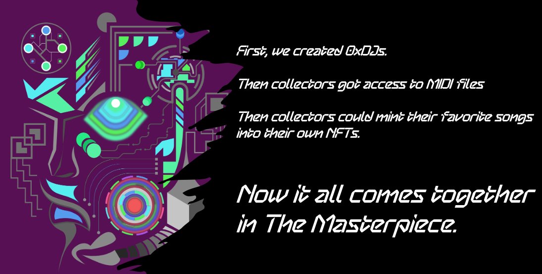 0x_music's tweet photo. First we made NFTs that create trillions of songs which are destroyed once played

Then collectors got access to MIDI files for any song their NFT composed

Then collectors could mint their favorite songs into their own NFTs

Now it all comes together in "The Masterpiece"

A 🧵 https://t.co/GPnZiiXjsO