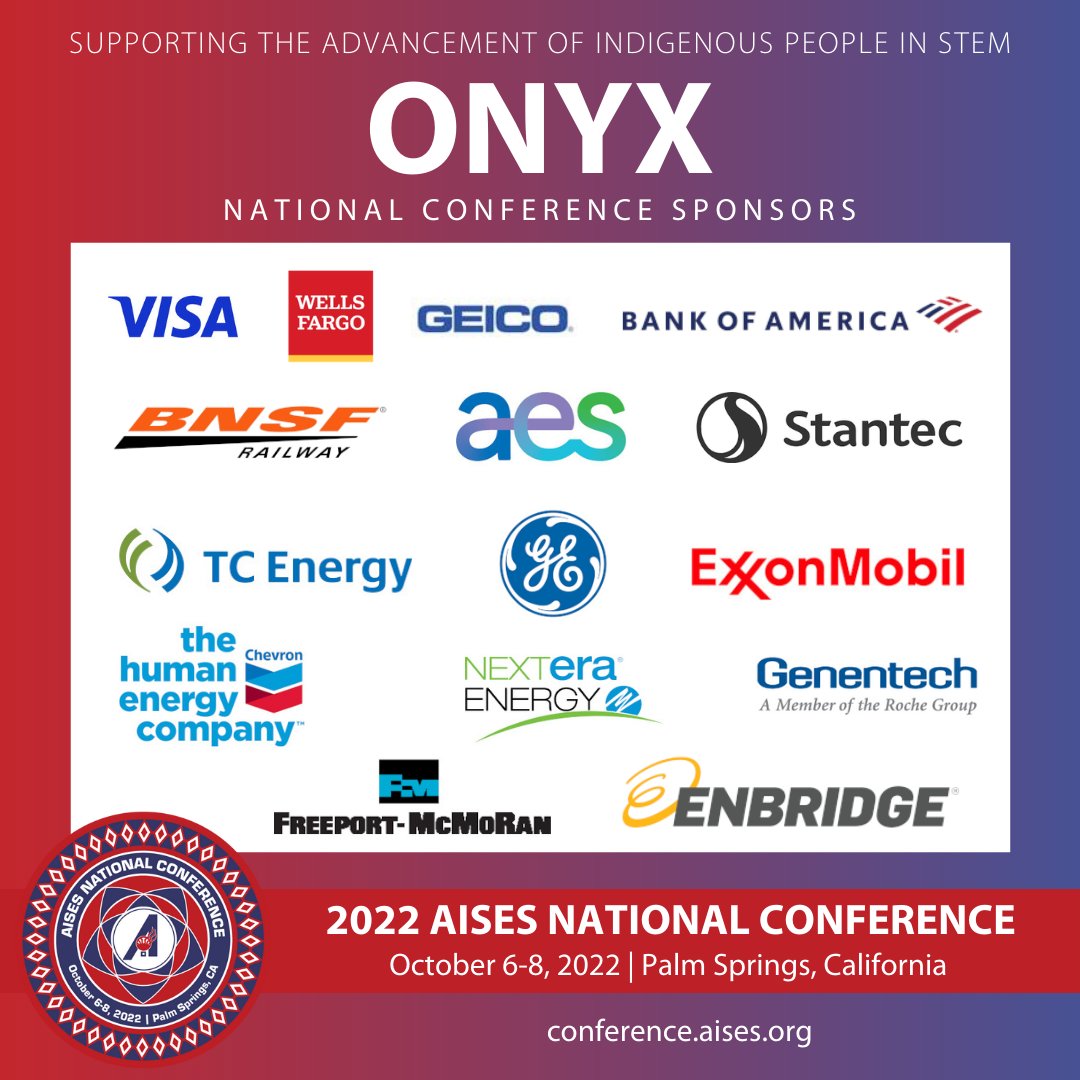 AISES's tweet photo. 45 years of advancing Indigenous People in STEM would not be possible without the support and vision of committed partners! We are excited to present our Onyx Sponsors for #AISESNC22 https://t.co/KgwKJmq2IO