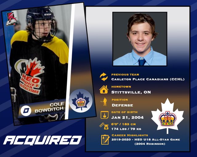 MarkhamRoyals's tweet photo. 🚨🚨TRADE ALERT🚨🚨 we are excited to announce we have acquired 2004 born defenceman Cole Bowditch from Carleton Place Canadians of the @TheCCHL! Welcome to the Kingdom, Cole! #GRG👑 https://t.co/OpaUldMpos