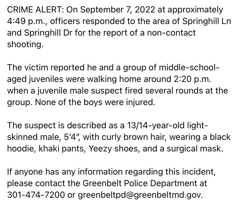 Greenbelt Police on Twitter "CRIME ALERT NonContact Shooting https
