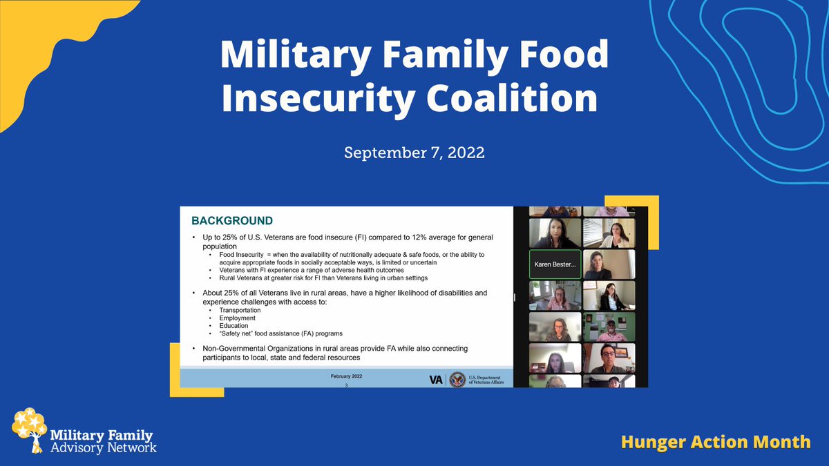 Mil_FANet's tweet photo. At today’s Military Family Food Insecurity Coalition meeting, groups shared upcoming projects, new data, #HungerActionMonth efforts, and free workshops that will help #milfams access the support they need. 

We're committed to doing what we can to #CombatMilitaryHunger. https://t.co/Fh7oP8aZLe