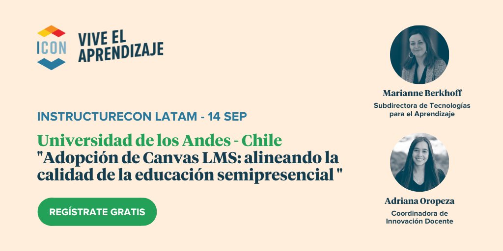 Instructure's tweet photo. El equipo de tecnologías para el aprendizaje e innovación docente de la UAndes de Chile, compartirá el 14 de septiembre en InstCon, su charla: "Modelo de medición de la adopción de Canvas LMS

Regístrate y crea tu agenda
https://t.co/l3YKMIS9D2

#InstCon #InstructureConLATAM https://t.co/3MAWppgUXq
