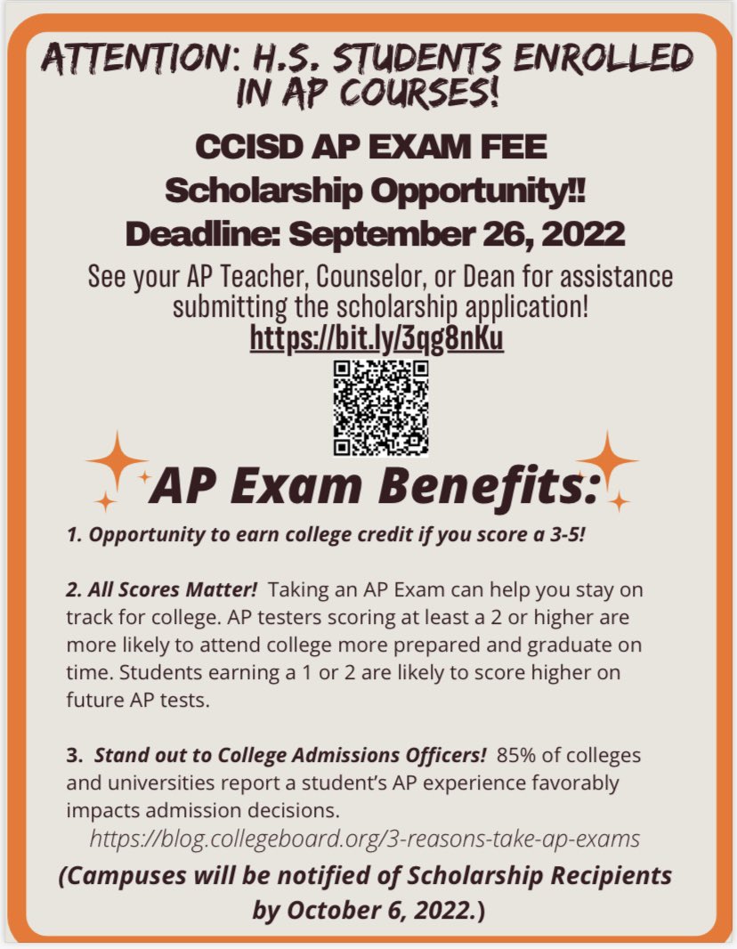CTECCISD's tweet photo. AP Exam Scholarship Application available. Application Deadline September 26th. @r0hernandez @DrSandraClement @ccleadservant @MrWardenEnglish @DMVillarreal23 @CCISD @EAV1977 @wbrayhs @salinas_deleon @KHS_Pyle @Arredondo_CHS @scott_walker33 https://t.co/JvIZa6ZAWM