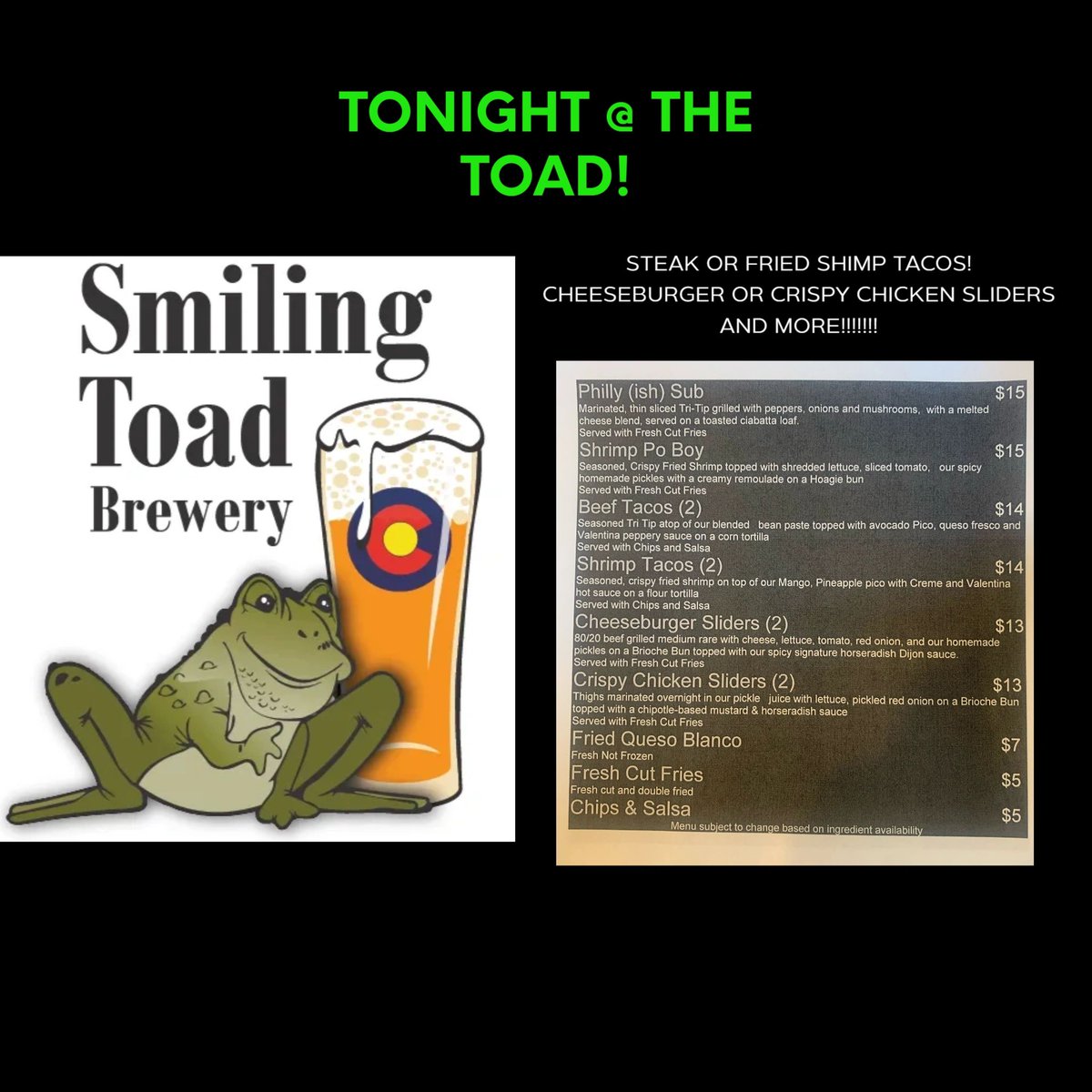 FusionCraigs's tweet photo. We'll be at The Smiling Toad tonight til 8! https://t.co/rkPoHbJD5z