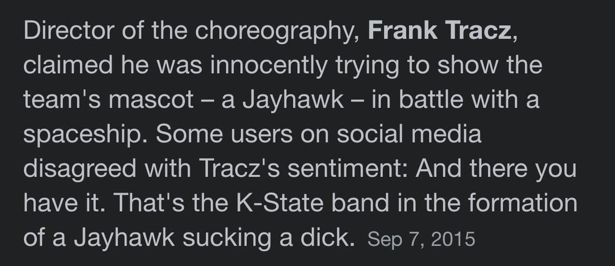 BarstoolKState's tweet photo. Pretty hypocritical of band director Tracz to shut down the Wabash bc of the “vulgar” chant about the other school considering it’s the same man that orchestrated a 50 yard long penis out of his band memebers. University only suspended him 1 game😂
”spaceship” https://t.co/7ZON1Xa47n