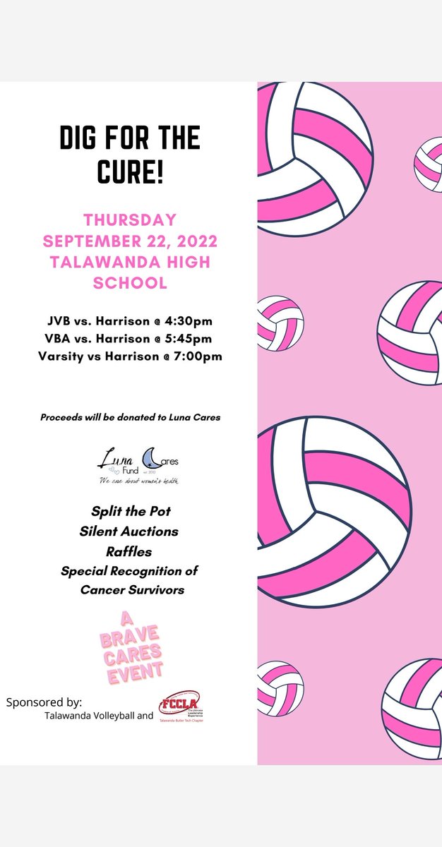 SharonG59519929's tweet photo. Dig for the Cure Volleyball games.  All proceeds are being donated to Luna Cares. There will be raffle items, silent auction baskets, split the pot, and recognizing survivors,  fighters and those we have lost. https://t.co/qTE2TfoVuD